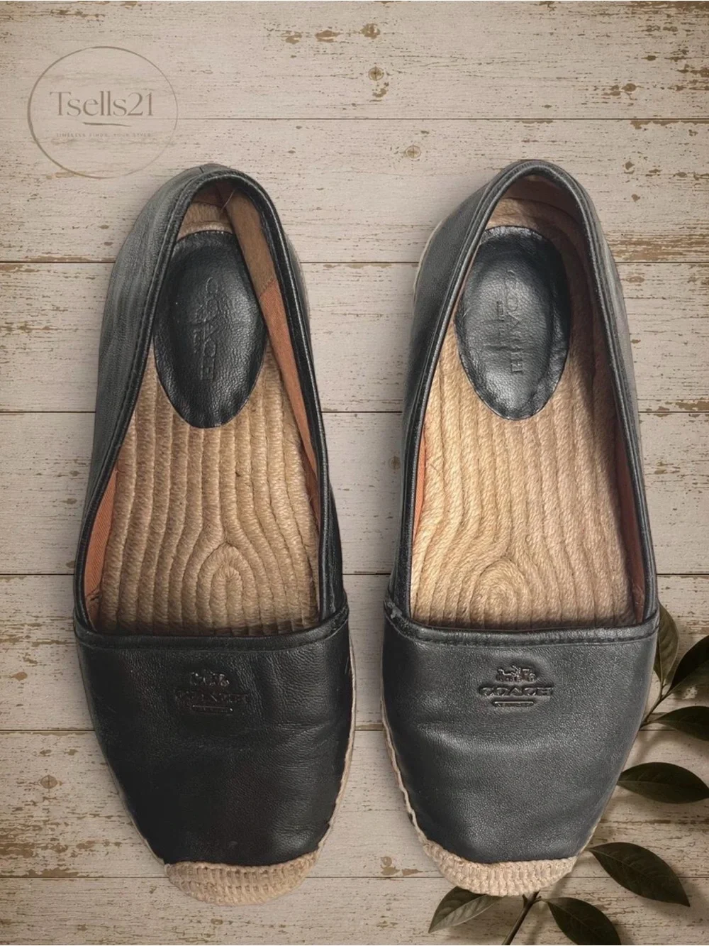 Coach Rhodelle Black Lambskin Leather Espadrilles with Jute Toe